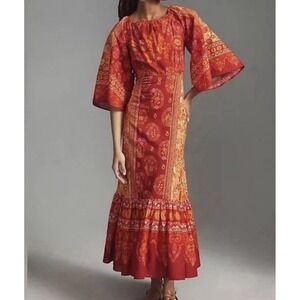 FARM RIO Combuco Cutout Maxi Dress Size M 100% Cotton Boho Red Orange